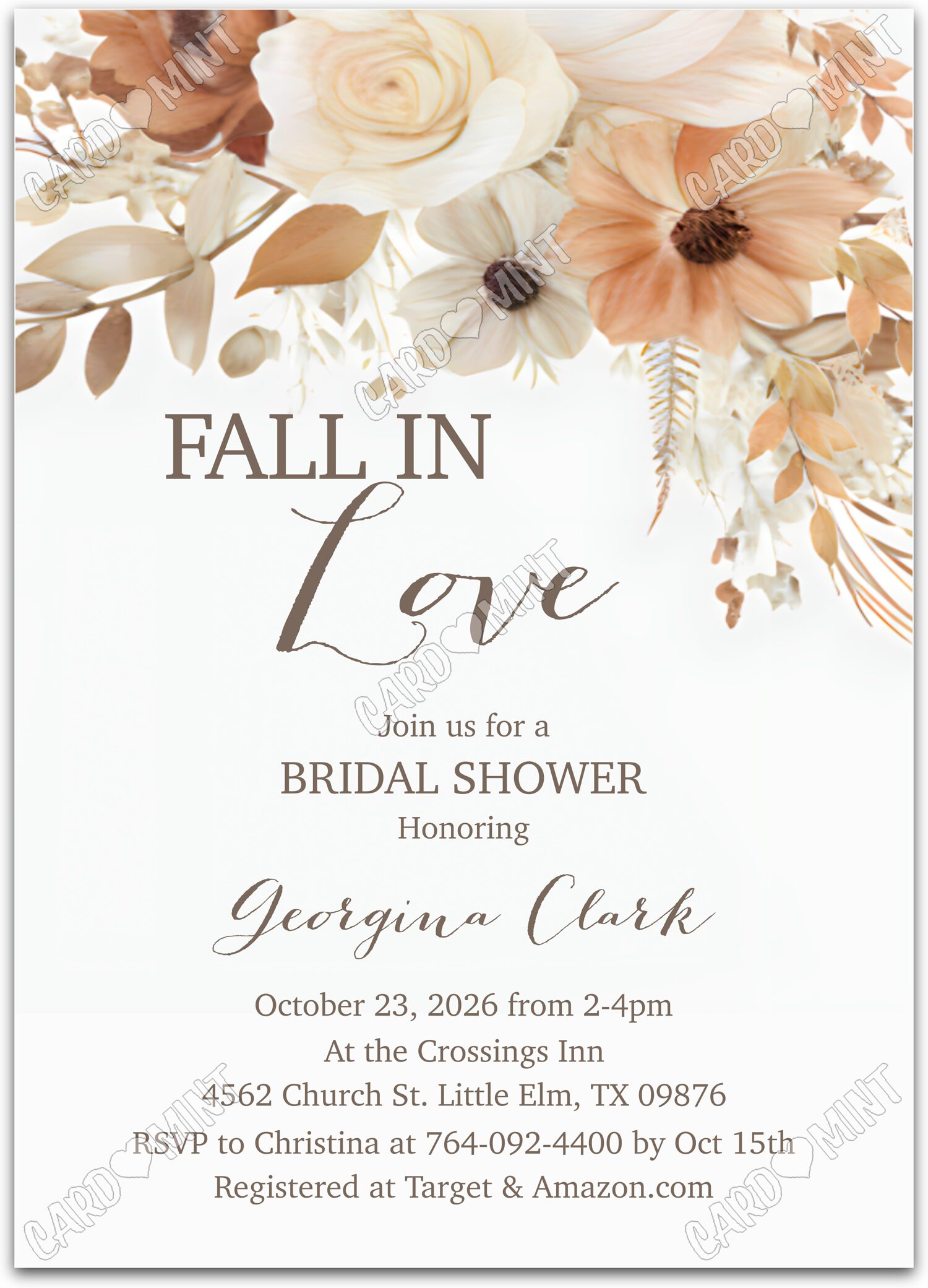 Editable Fall in Love brown fall in love with flowers in ivory & Bridal Shower 5"x7" Invitation EV2192