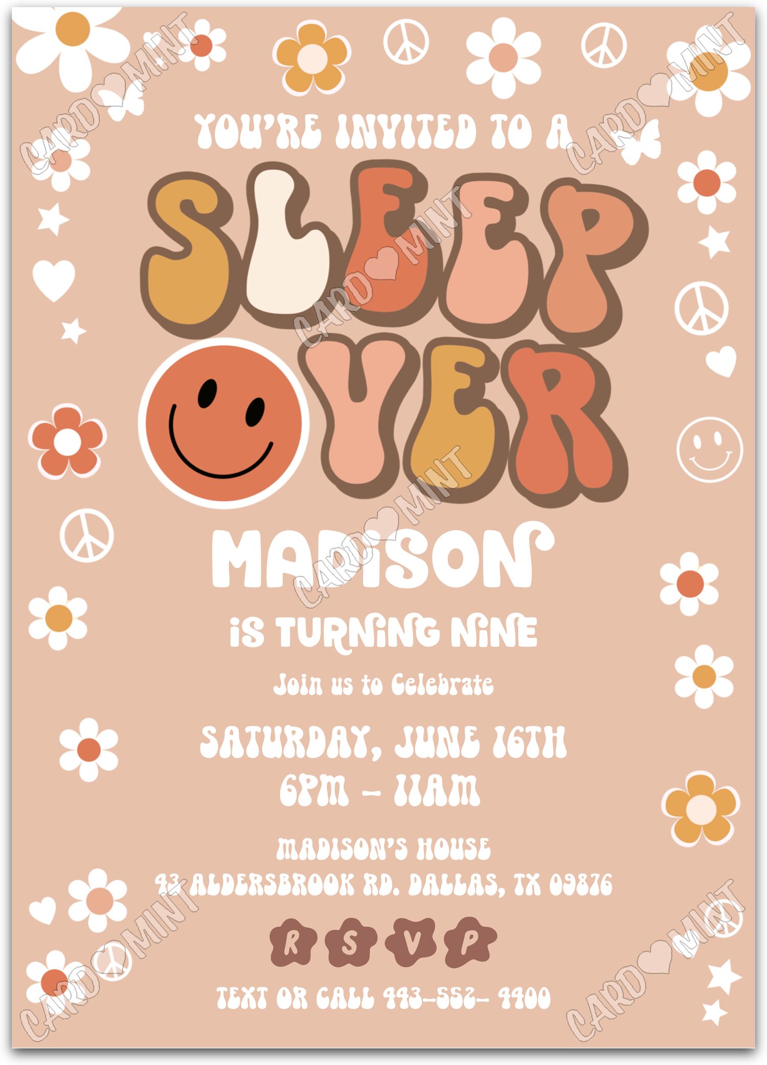 Editable Sleepover terracotta peace symbols and flowers girl Birthday Party 5"x7" Invitation EV3001