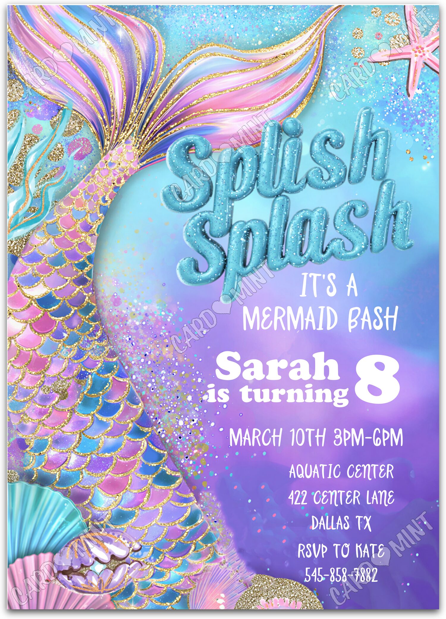 Editable Mermaid Splash Bash pink mermaid girl Birthday Party 5"x7" Invitation EV3002