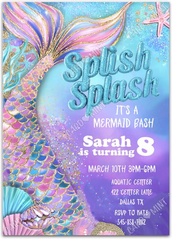 Editable Mermaid Splash Bash Birthday Party Invitation printable or evite for girl with mermaid, pink EV3002