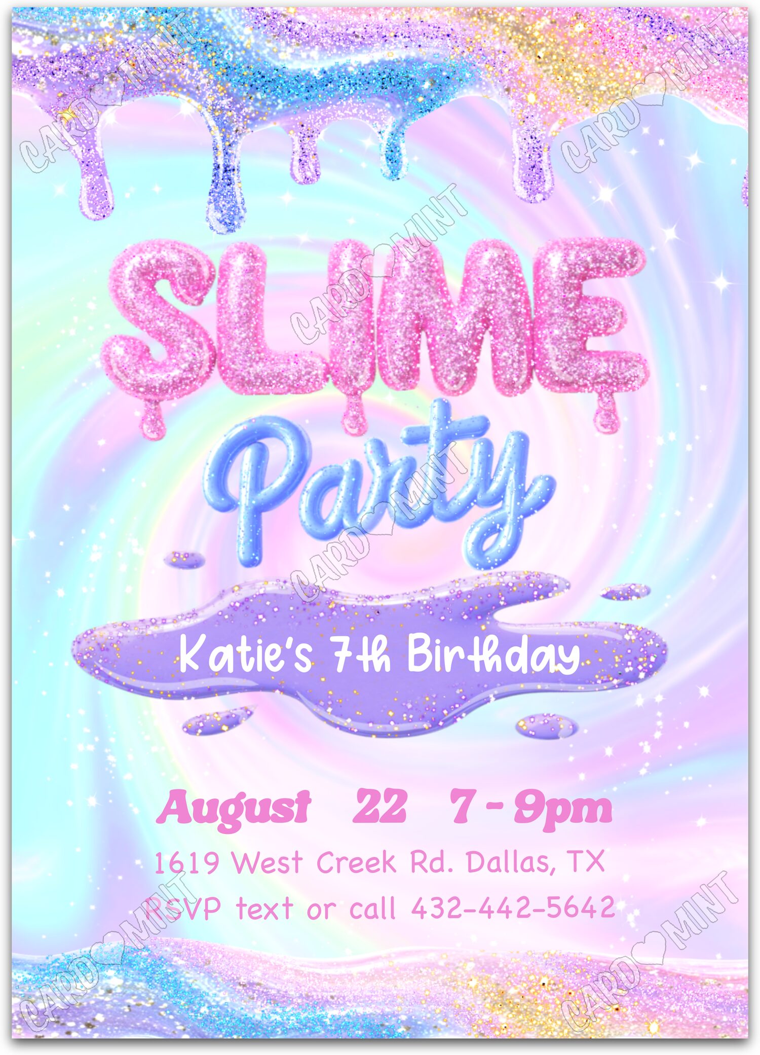 Editable Slime Party glitter & rainbow colors girl Birthday Party 5"x7" Invitation EV3004