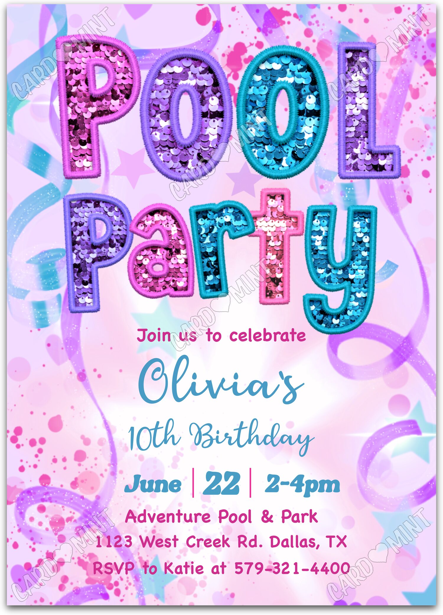 Editable Pool Party pink glitter sequins, purple, aqua girl Birthday Party 5"x7" Invitation EV3006