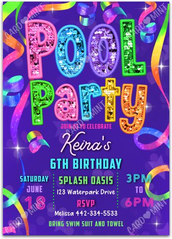 Editable Pool Party Birthday Party Invitation printable or evite for girl with neon sequins & glitter, purple background EV3007