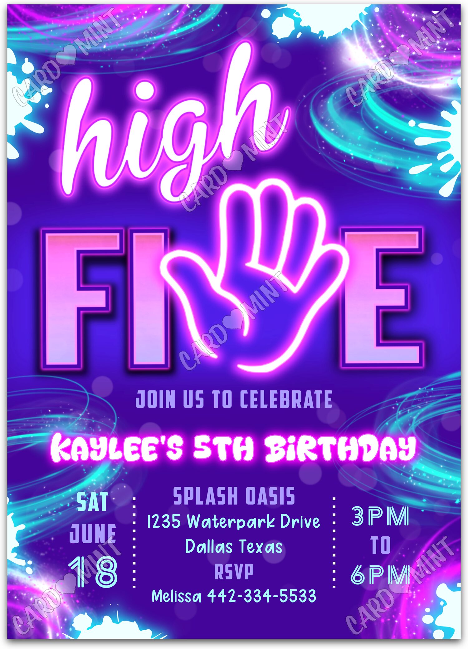 Editable High Five purple swirls, splashes, pink, aqua girl Birthday Party 5"x7" Invitation EV3018