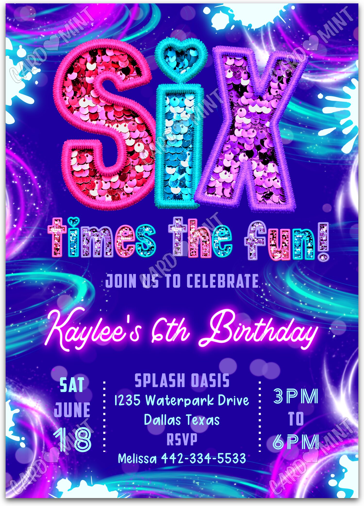 Editable Six Times The Fun purple glitter sequins in pink, aqua and girl Birthday Party 5"x7" Invitation EV3020